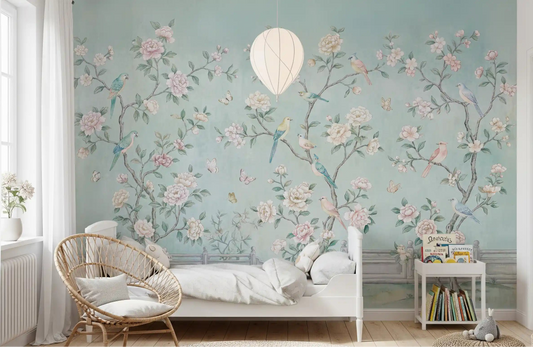 Pink peonies and birds fill a Kids bedroom with the Serene Chinoiserie Aviary wall mural.
