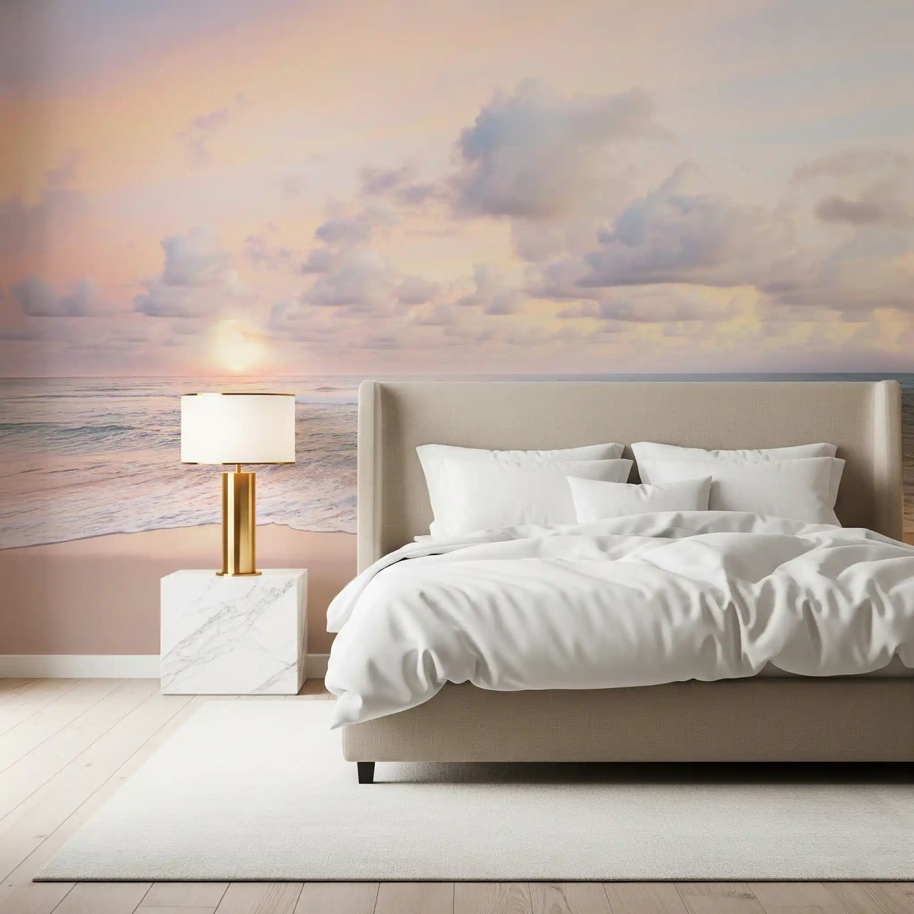 Pastel sunrise scene fills the bedroom with the Peach Sky Teal Sea wall mural