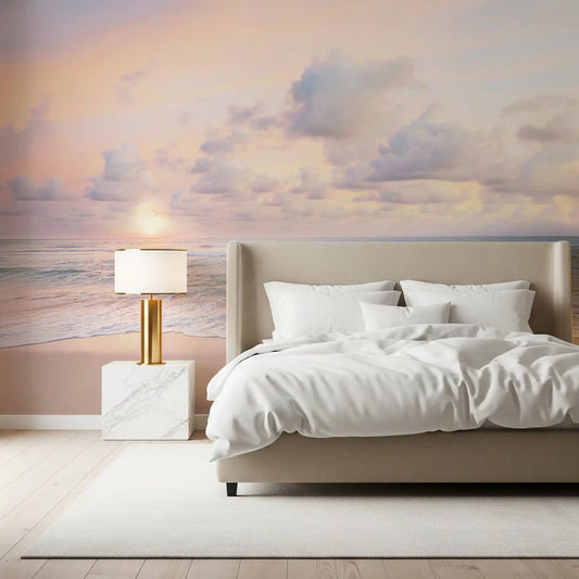 Pastel sunrise scene fills the bedroom with the Peach Sky Teal Sea wall mural