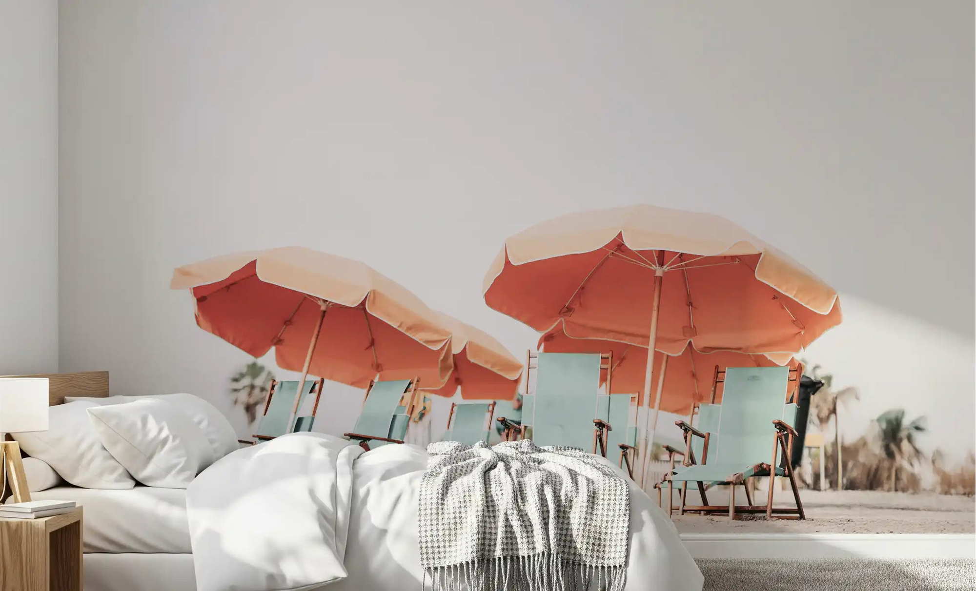 A bright bedroom features the Coastal Chillout wall mural across the main surface