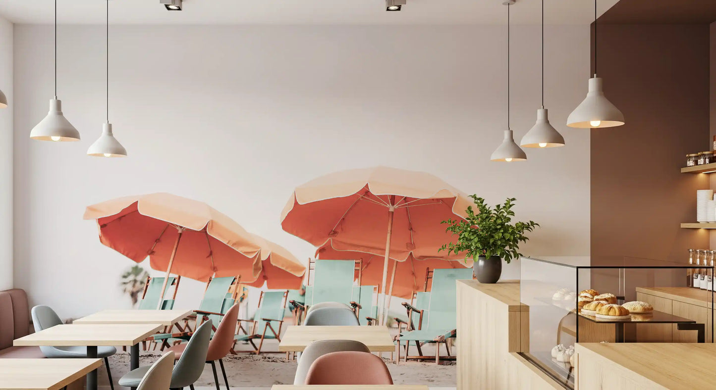 A spacious grey Restaurant feels warmer thanks to the retro Coastal wall mura
