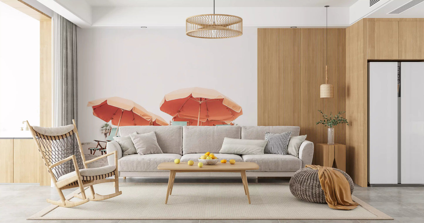 Orange sunshades and teal chairs fill the Coastal Chillout wall mural