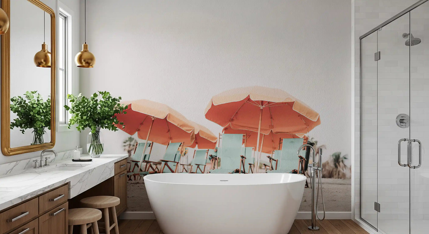 Natural light illuminates the chillout wall mural within a bathroom 
