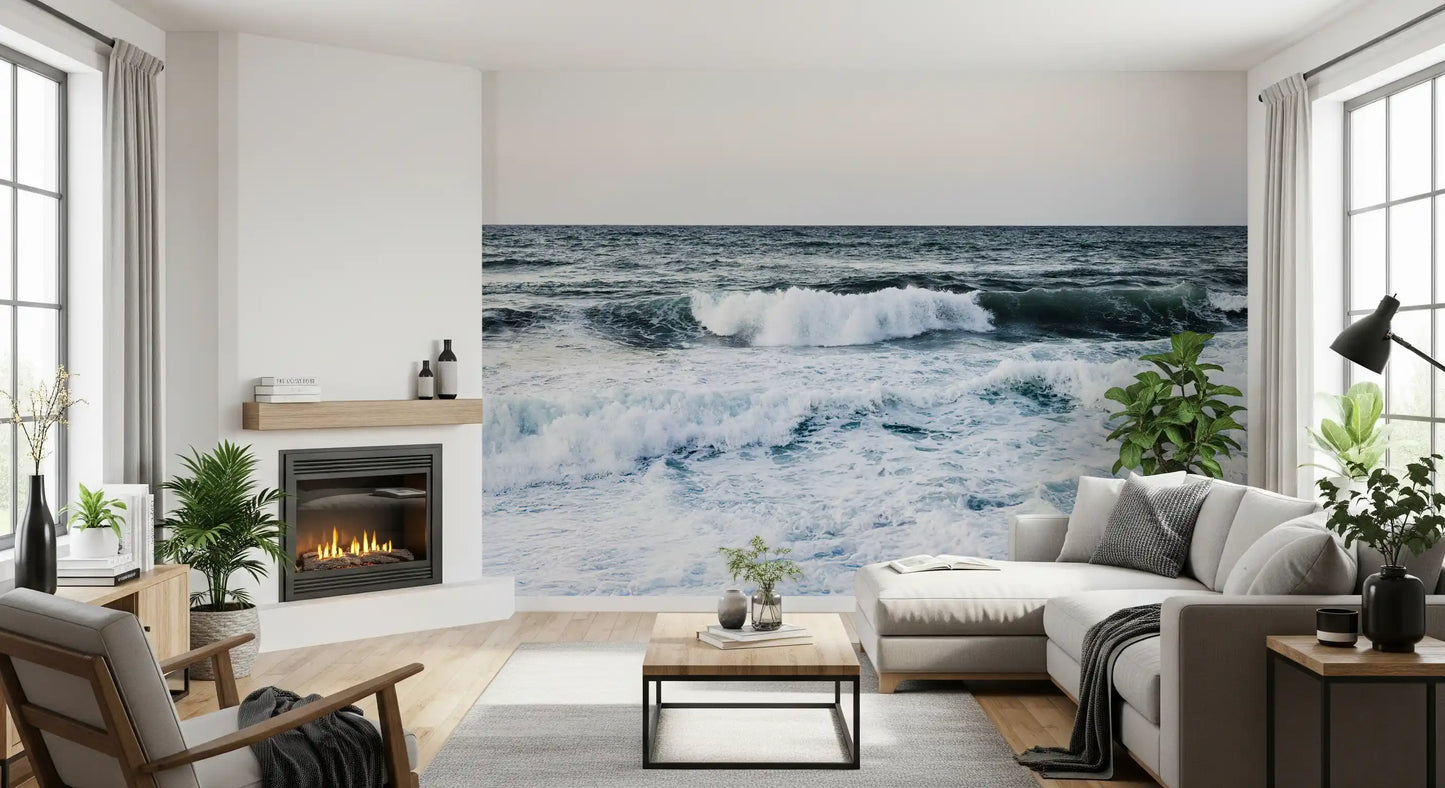 Sweeping aquatic tides pattern a Scapes wall mural viewed directly in the living room.