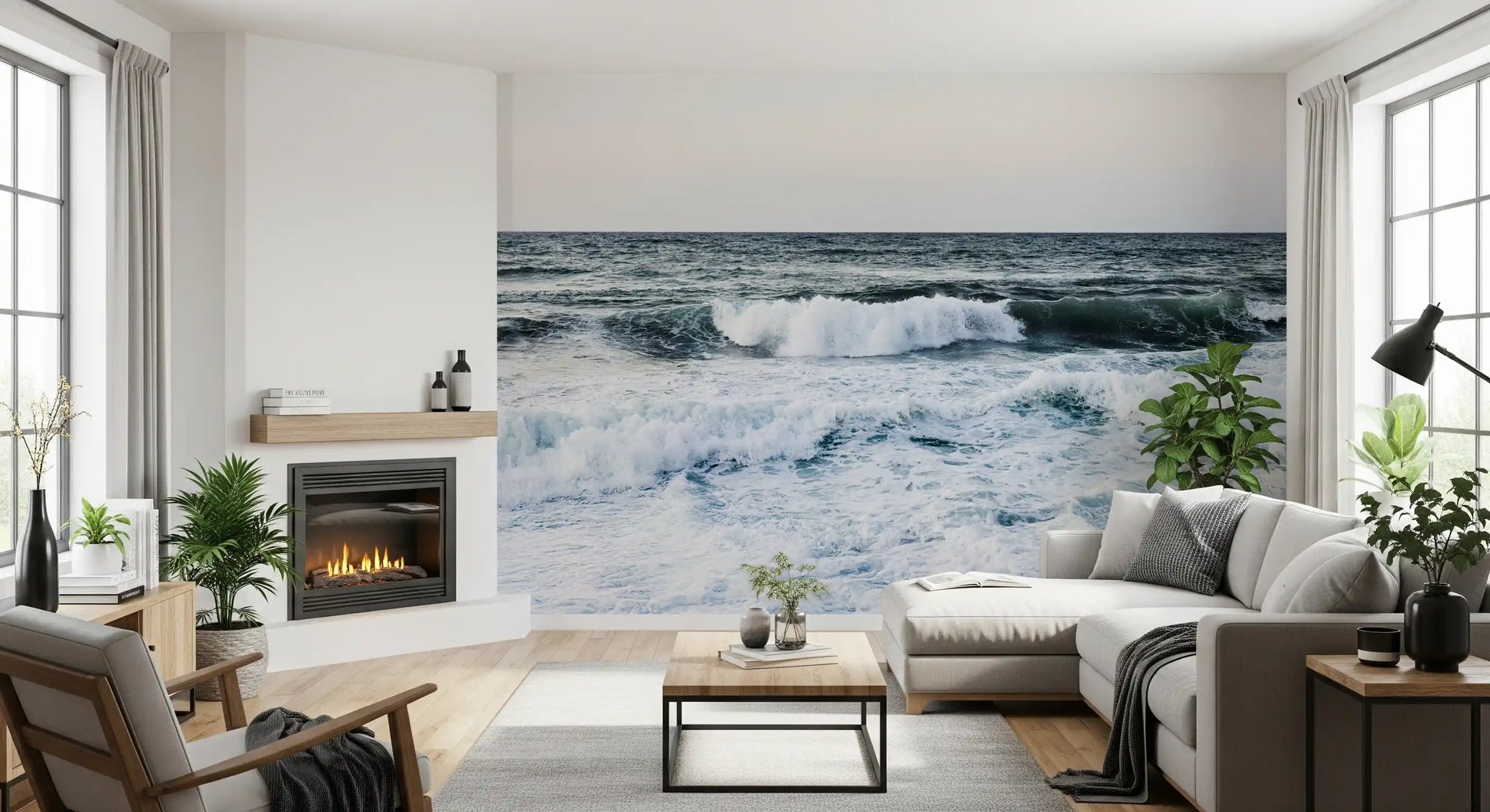 Sweeping aquatic tides pattern a Scapes wall mural viewed directly in the living room.