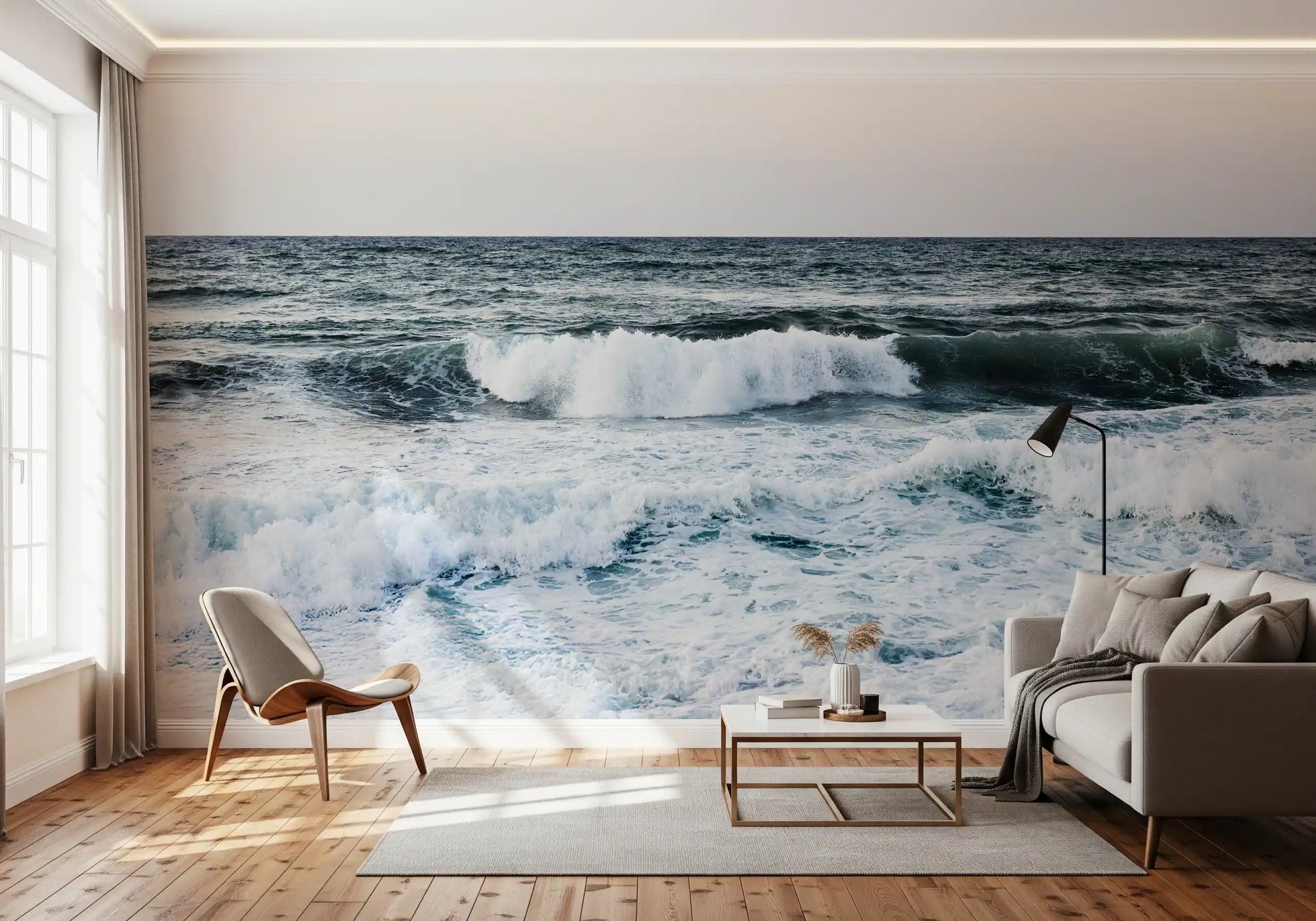 The Ocean Scapes Wall Mural displays sweeping thick white sea foam over deep water.