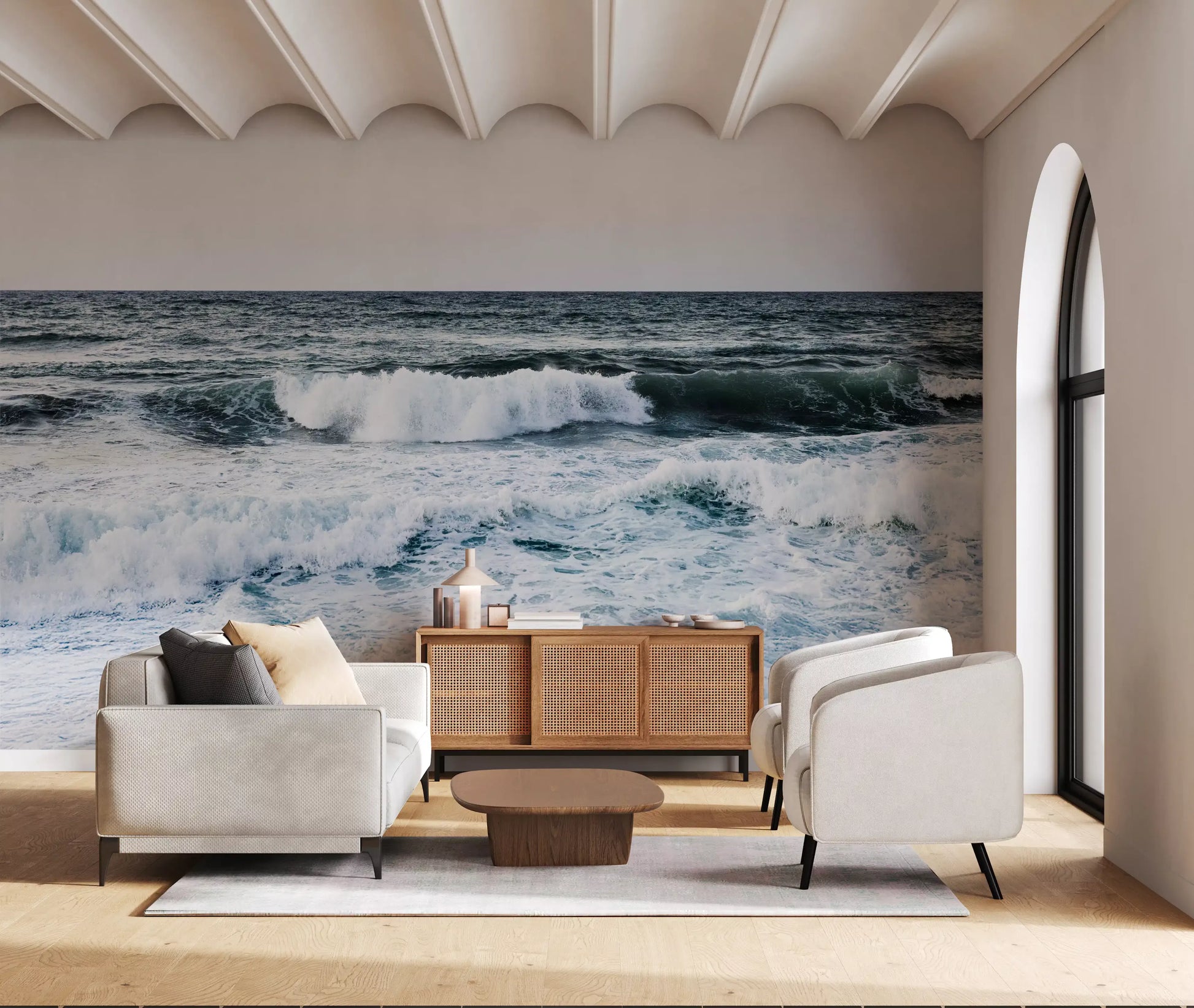 Within the Ocean Scapes Wall Mural churning liquid pushes upward forming sharp crests.