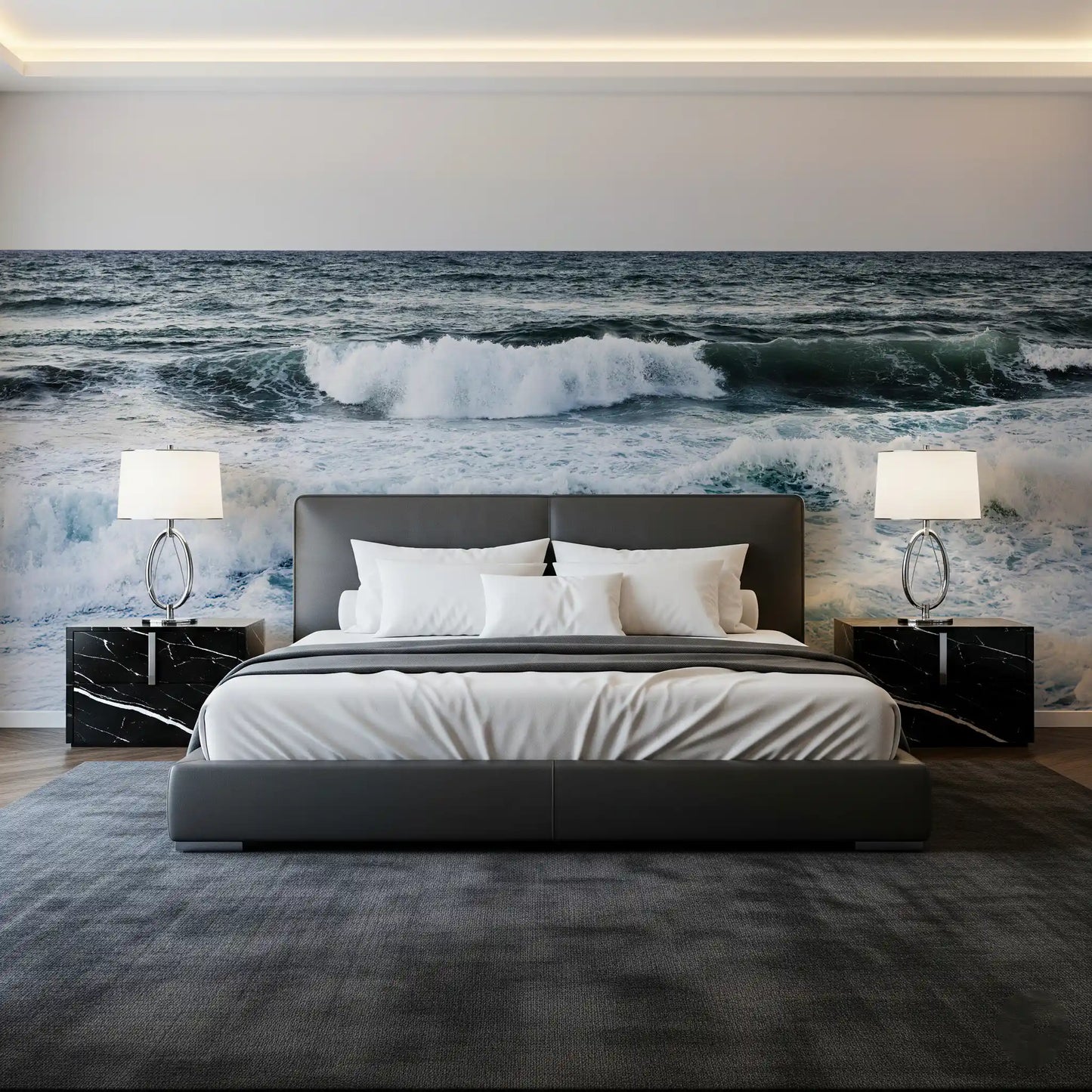 Rolling surf coats the Ocean wall mural across a wide surface inside the bedroom.