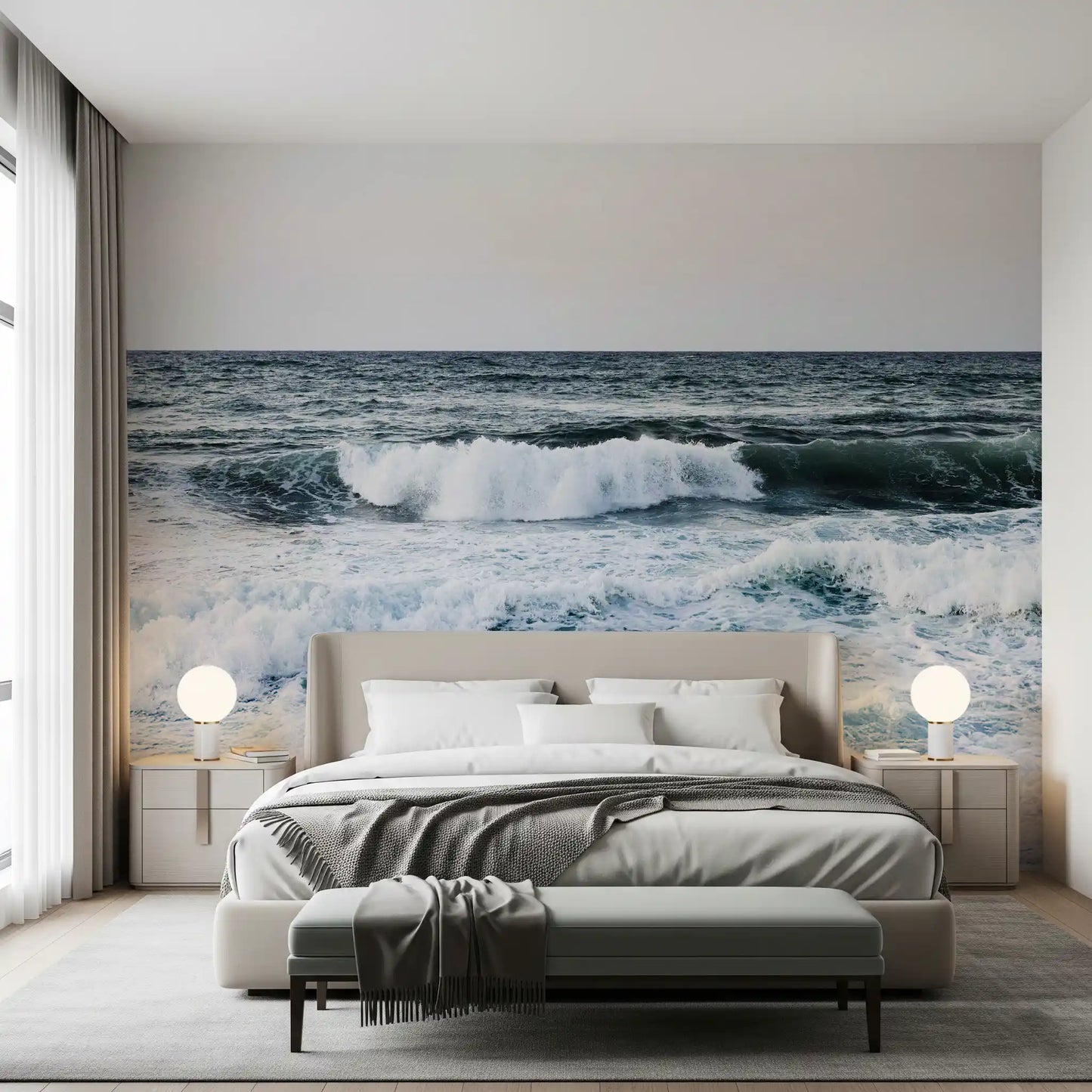 The Ocean Scapes Wall Mural displays moving water across a surface in the bedroom.