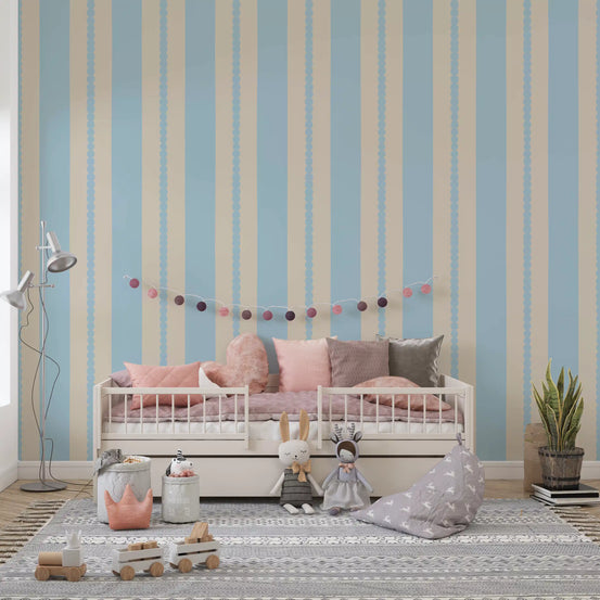 Scalloped Serenity Stripes Wallpaper displayed brightly in a kids' room.