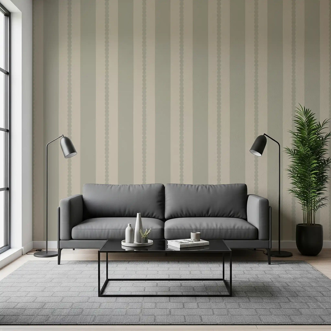 Living room fitted with Muted Scallop & Dot Stripes Wallpaper behind a dark sofa
