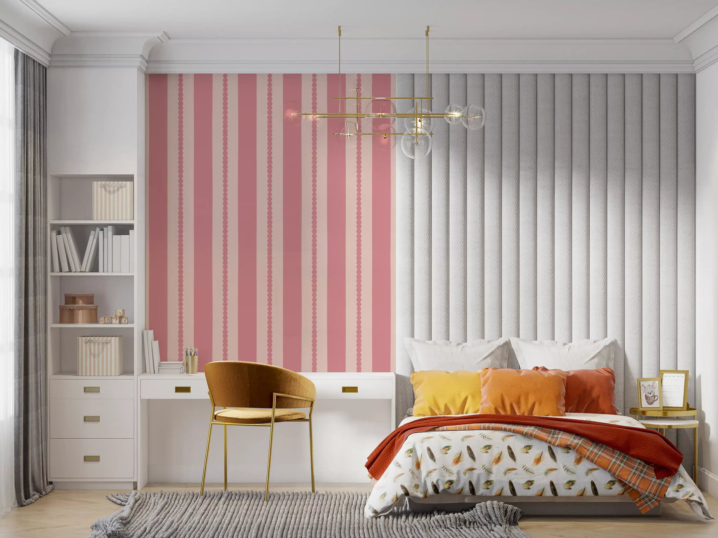 Papel pintado de rayas con conchas en tono rubor
