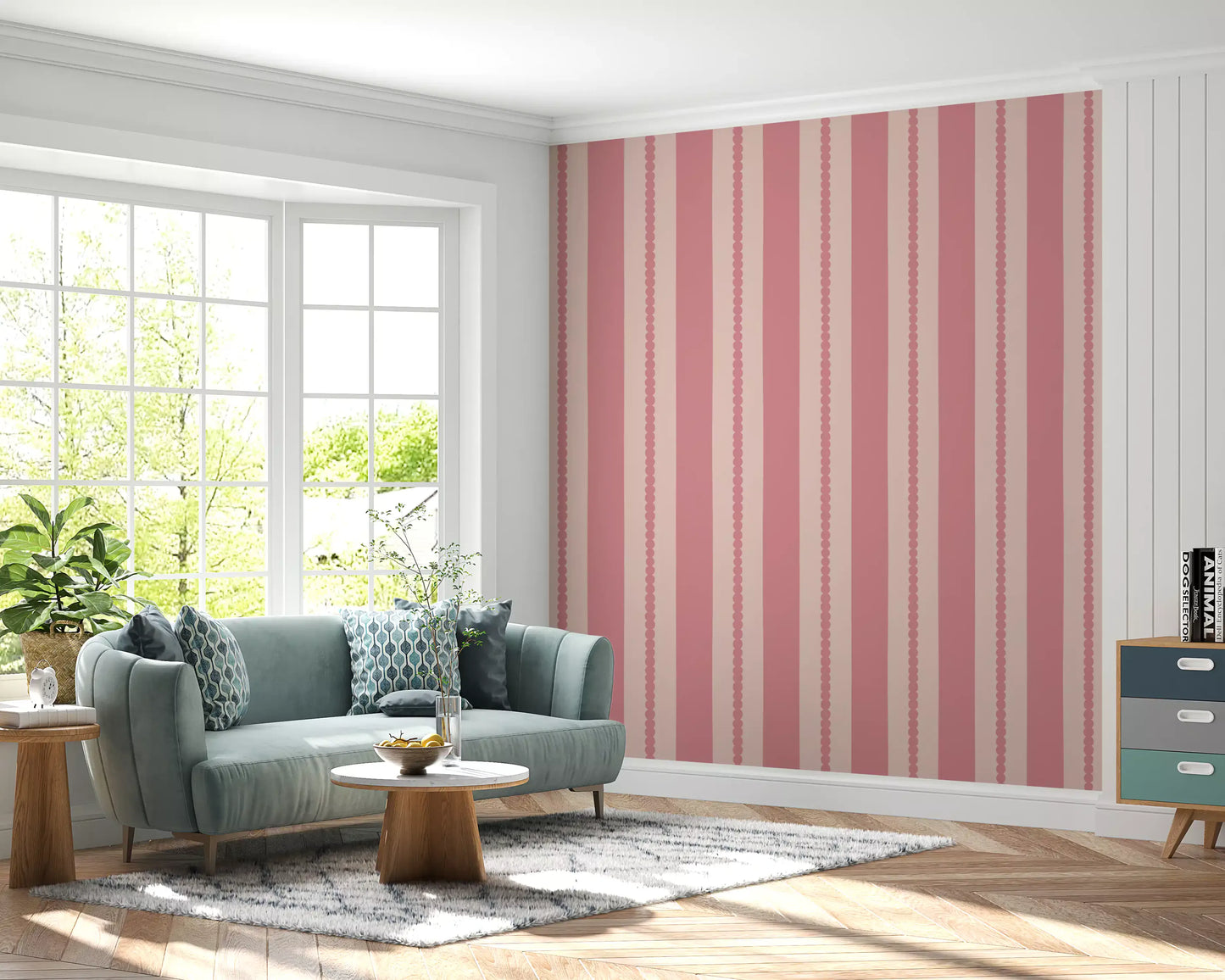 Papel pintado de rayas con conchas en tono rubor