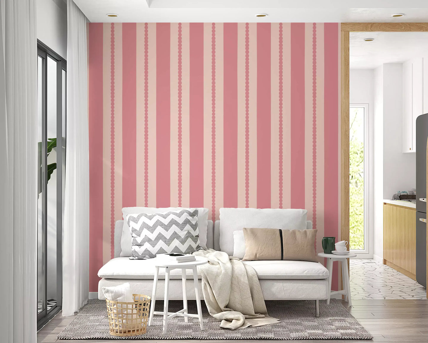 Papel pintado de rayas con conchas en tono rubor