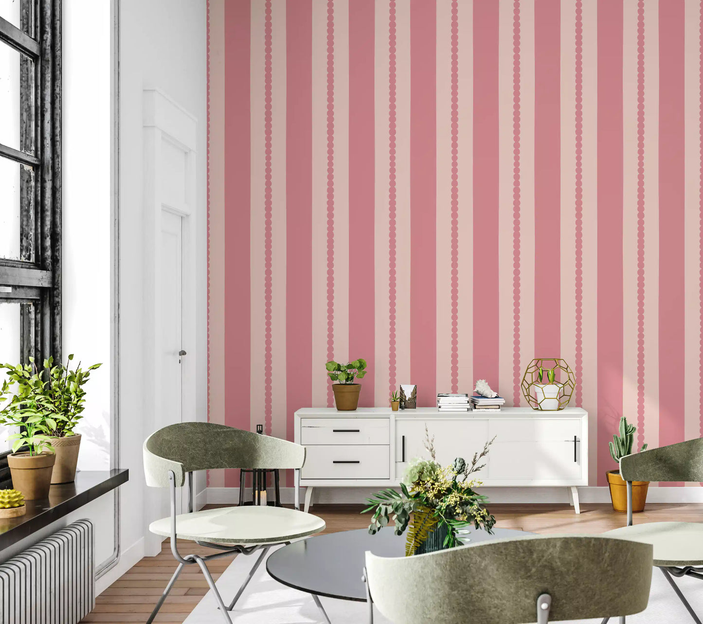 Papel pintado de rayas con conchas en tono rubor