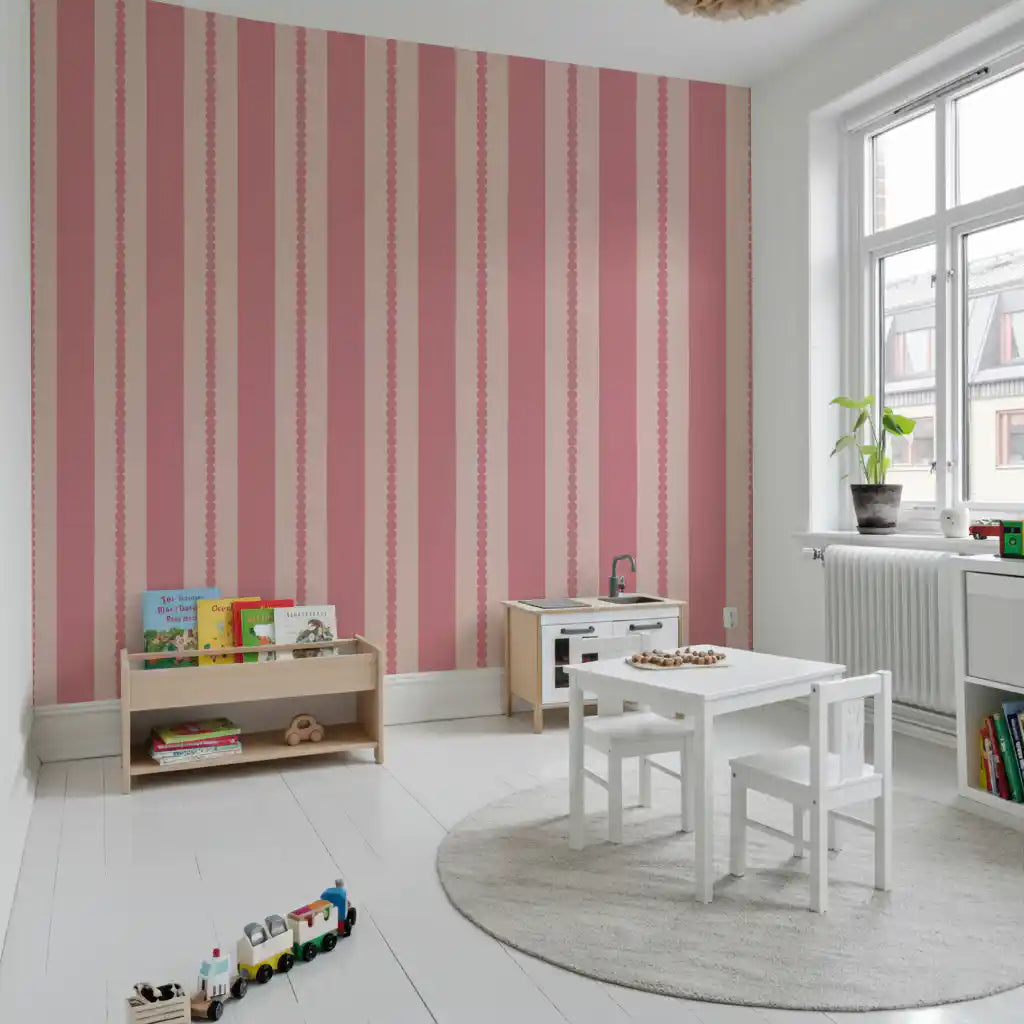 Papel pintado de rayas con conchas en tono rubor
