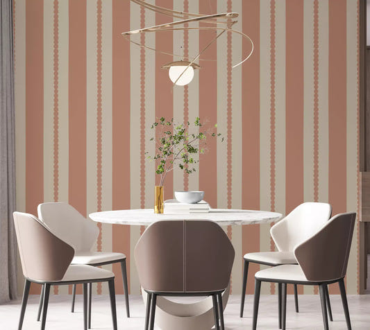 Warm Sands & Terracotta Stripes Wallpaper installed cleanly across a dining room