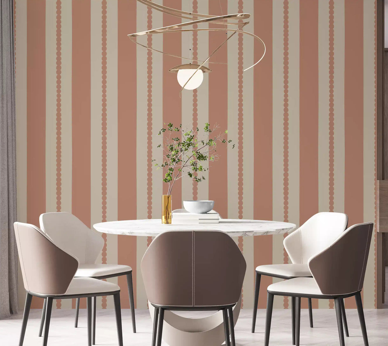 Warm Sands & Terracotta Stripes Wallpaper installed cleanly across a dining room