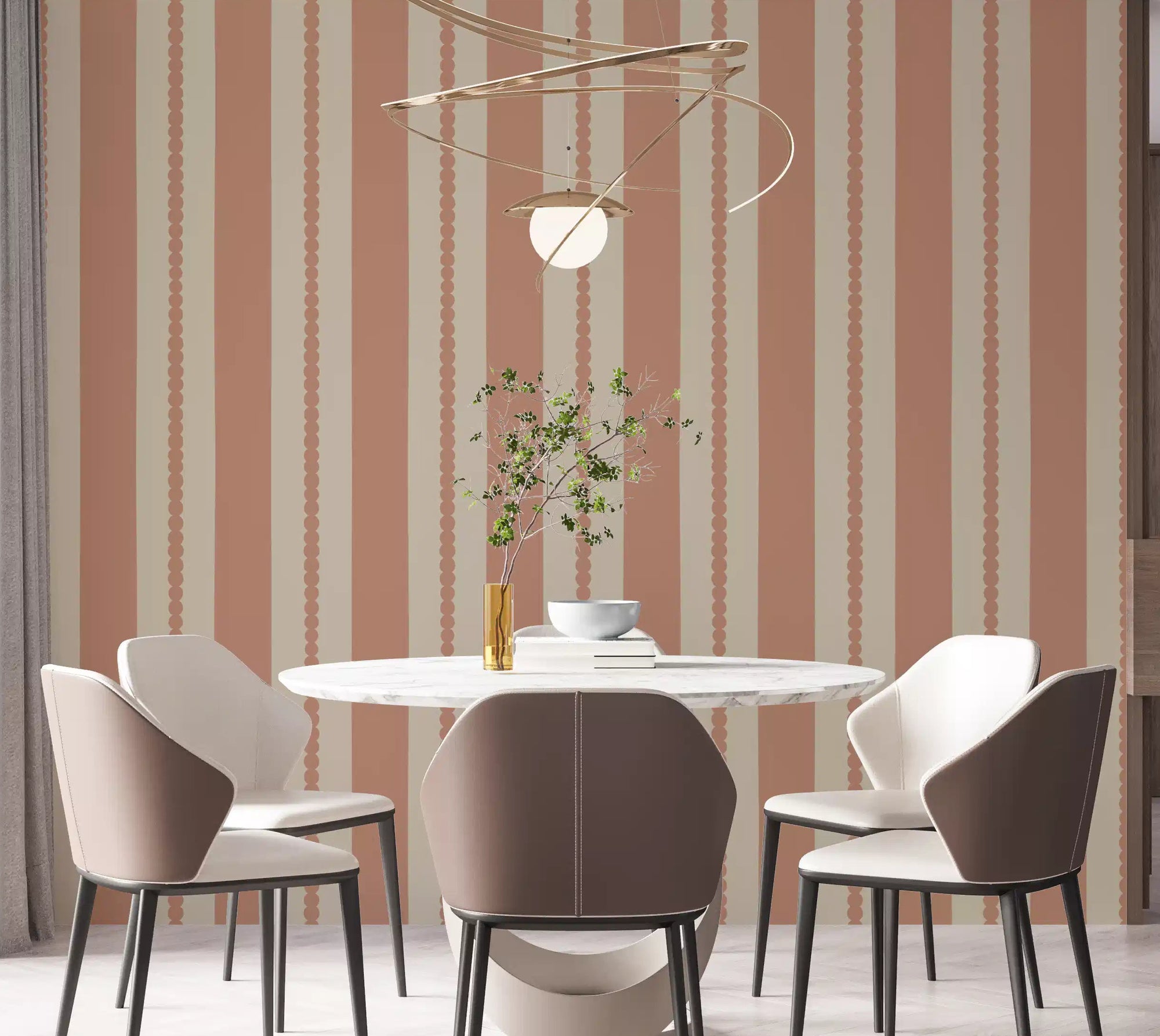 Warm Sands & Terracotta Stripes Wallpaper installed cleanly across a dining room