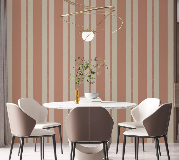 Warm Sands & Terracotta Stripes Wallpaper installed cleanly across a dining room