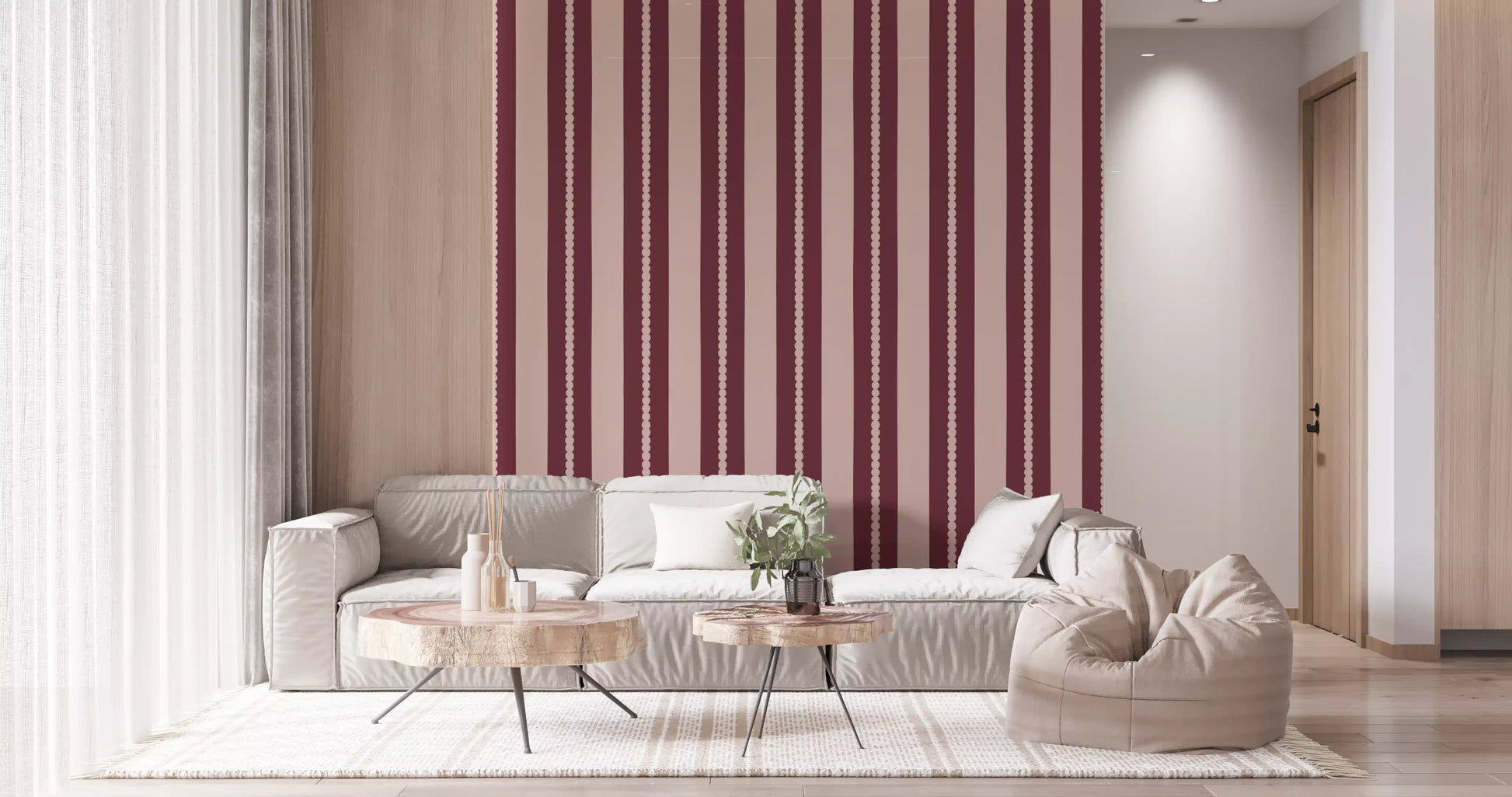 Blush & Berry Scallop Stripes Wallpaper showing vertical dark red bands