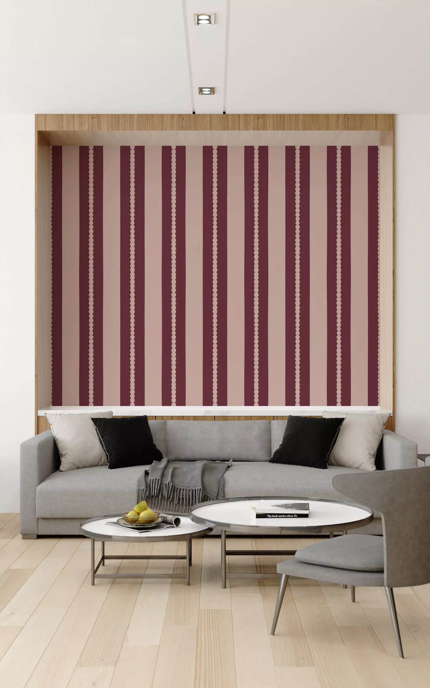 Cosy modern lounge decorated with this classic stripes wallpaper