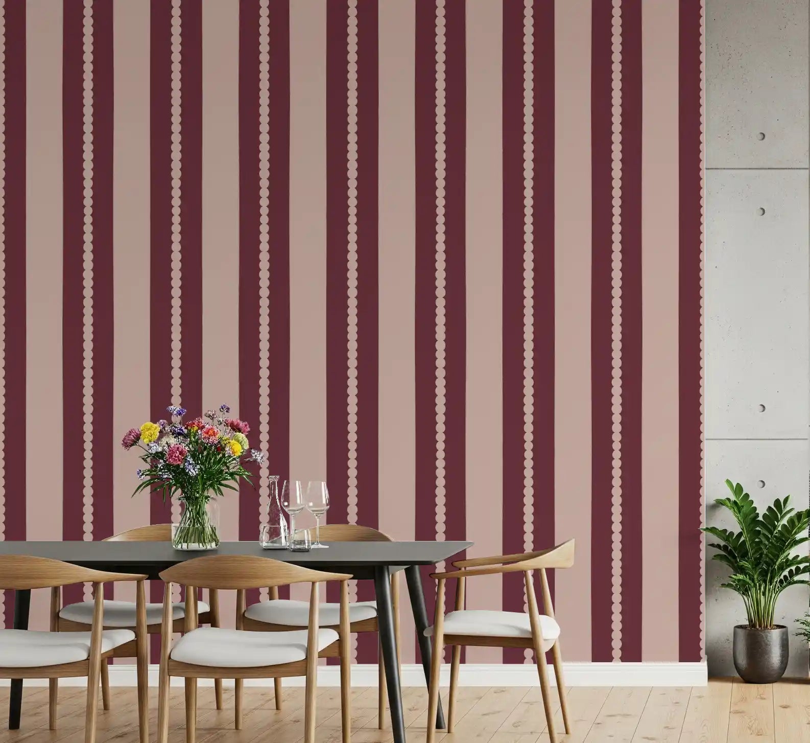 Blush & Berry Scallop Stripes Wallpaper in a bright dining room setup