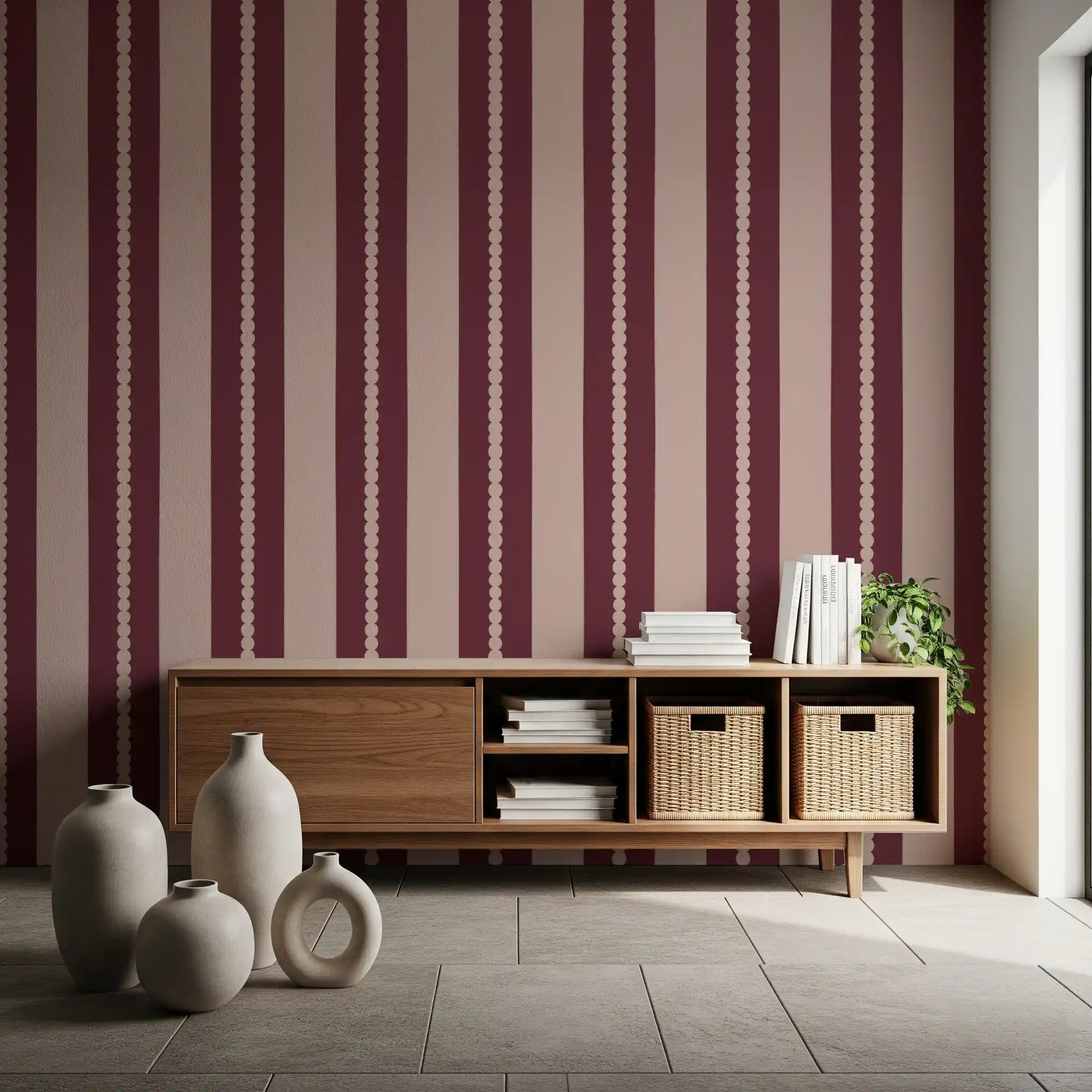A flat view of the repeating scalloped shapes on this wallpaper