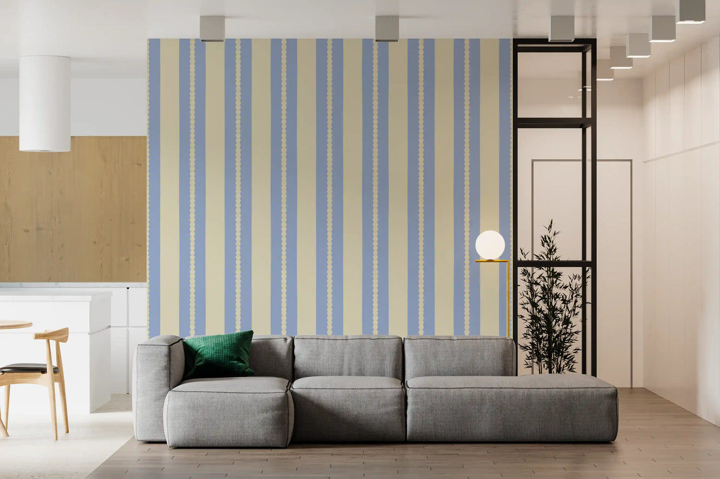 A Living room area with soft blue Scalloped Sky Stripes Wallpaper.