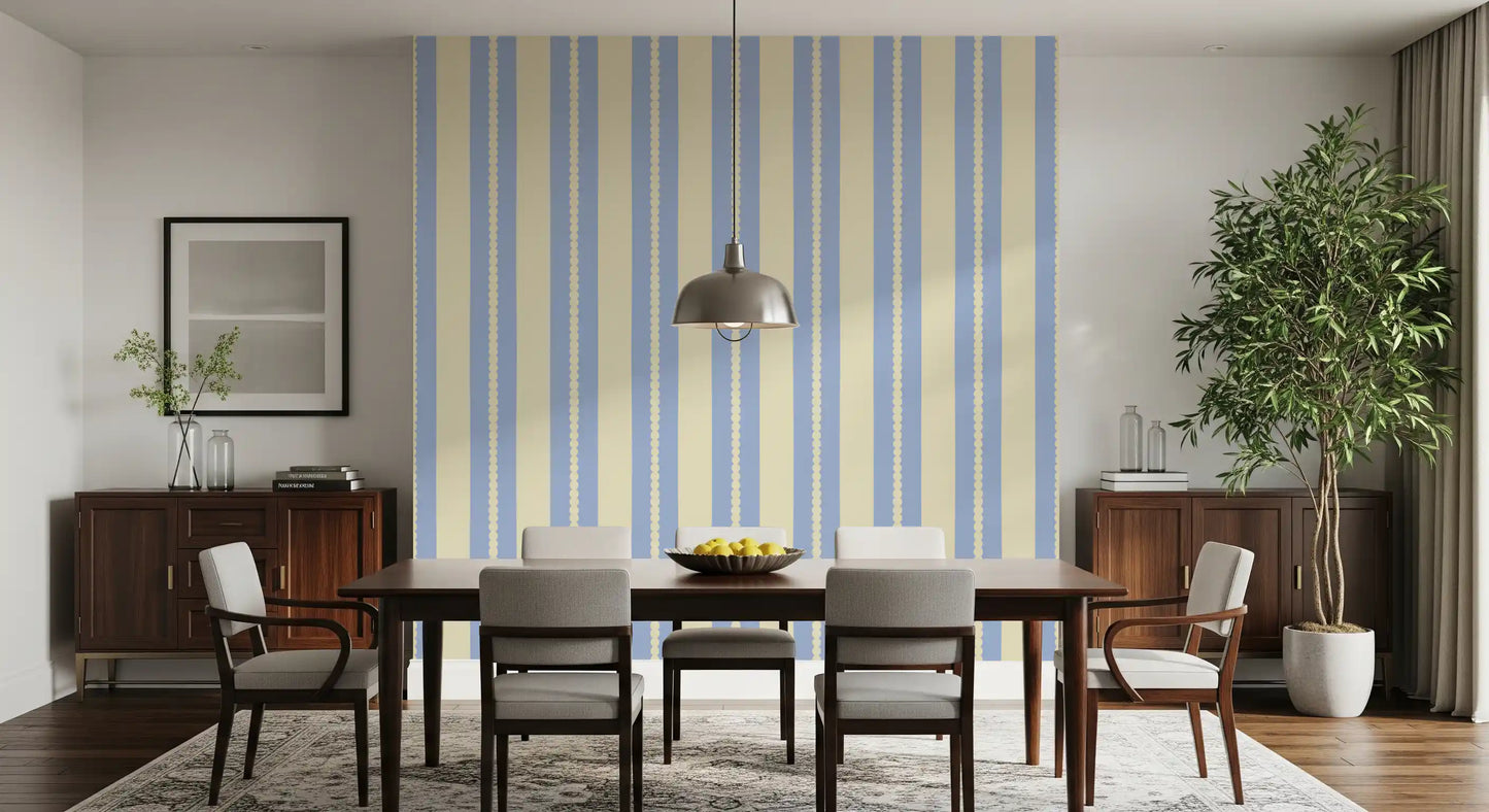 A dining area showing a vertical striped Scalloped Sky Stripes Wallpaper.