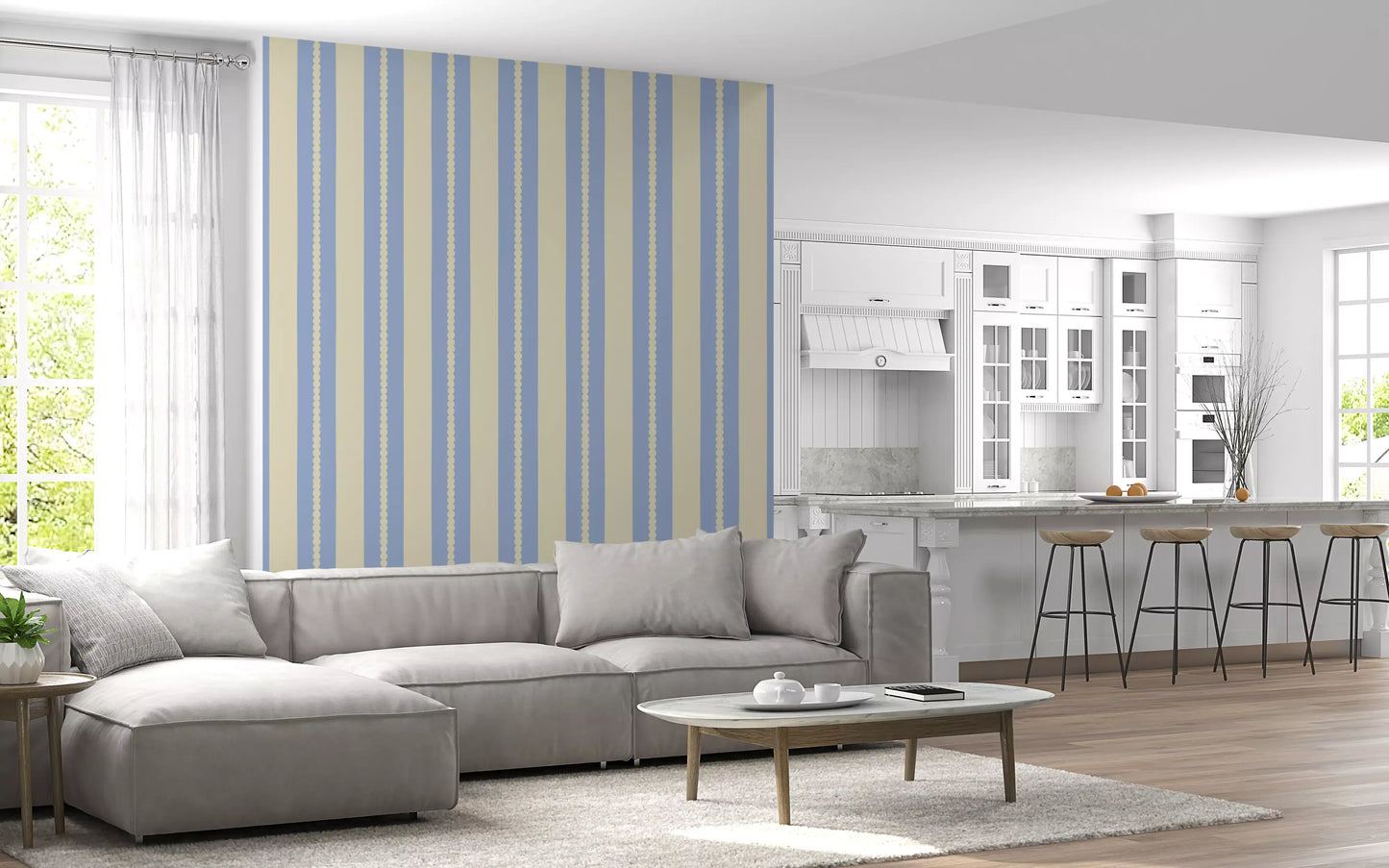 A living space with light blue and cream stripes wallpaper on the back wall.