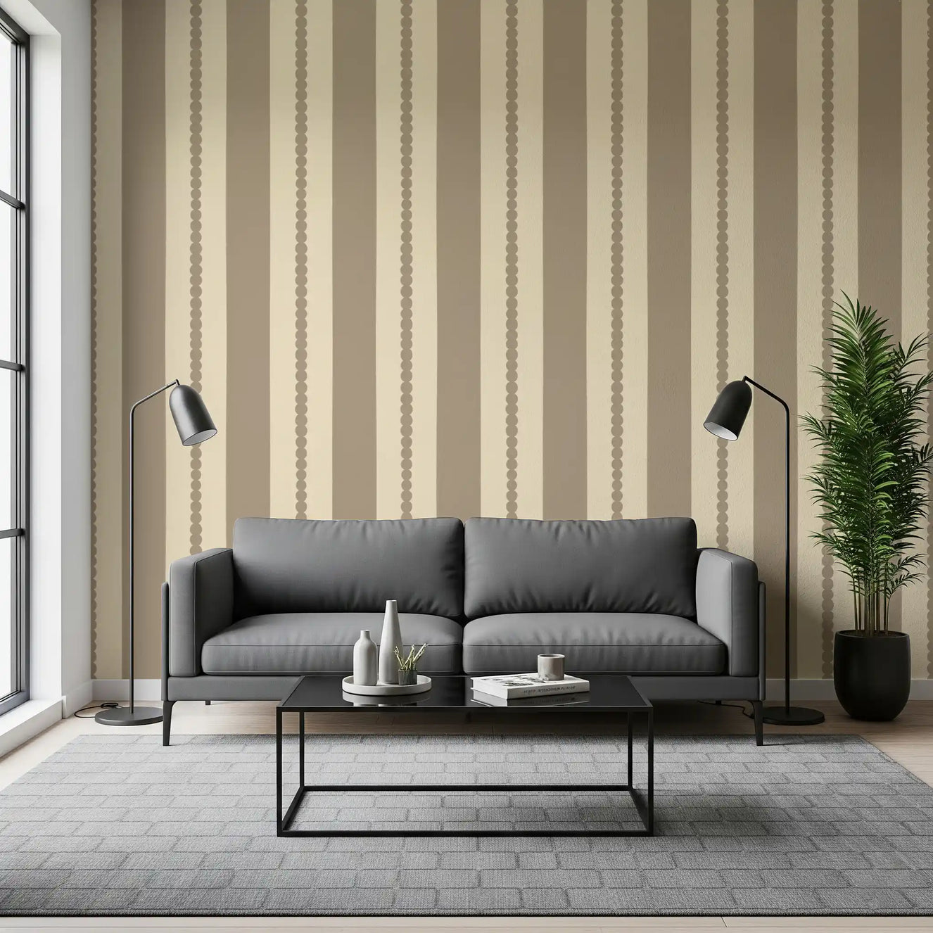 The Subtle Scallop & Dot Stripes Wallpaper in a modern living room.