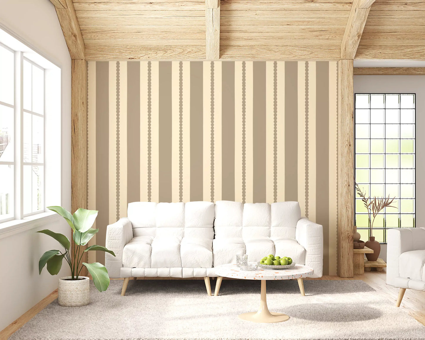 This Subtle Scallop & Dot Stripes Wallpaper adds a classic touch to flat surfaces.