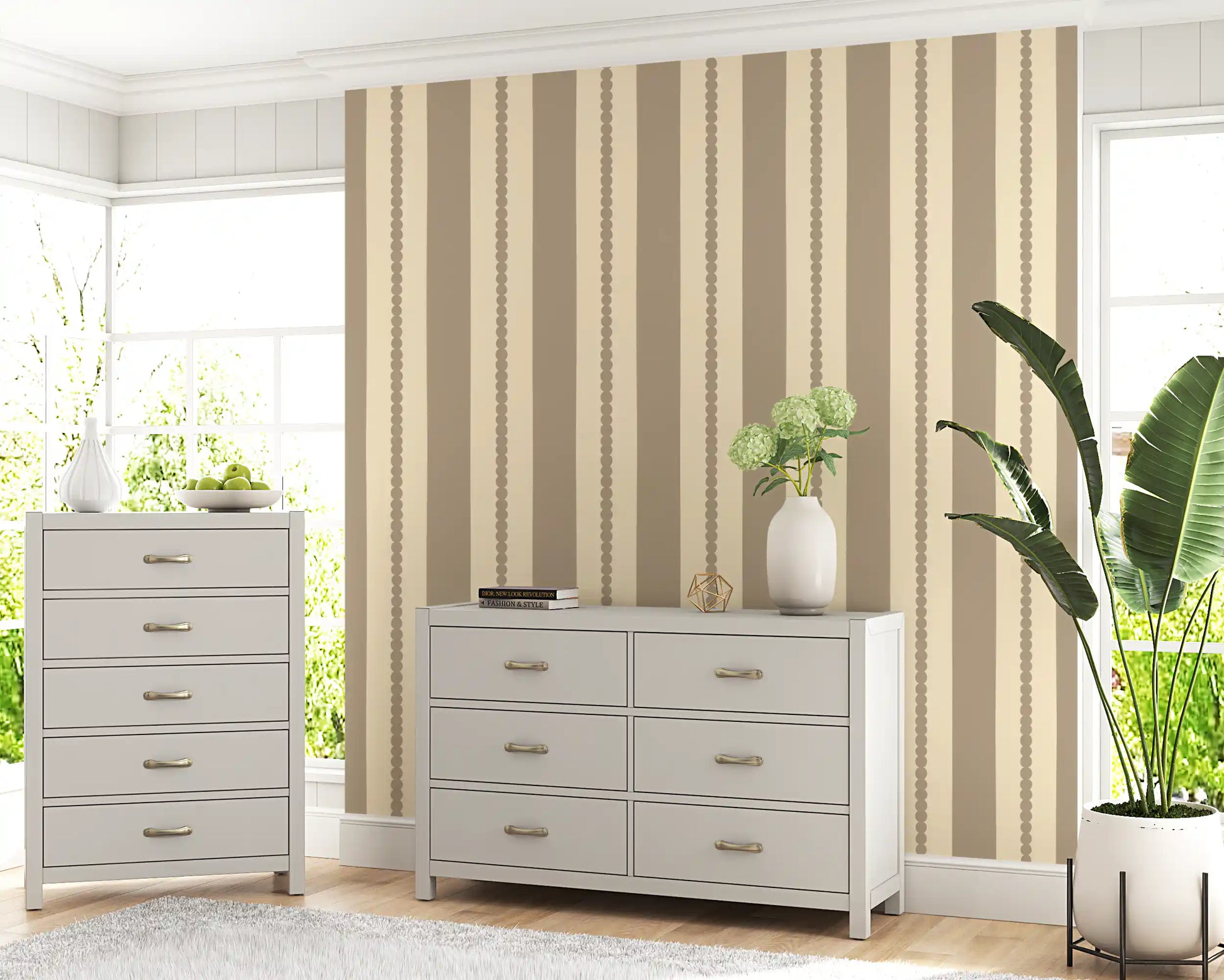 Elegant hallway design using Subtle Scallop & Dot Stripes Wallpaper.