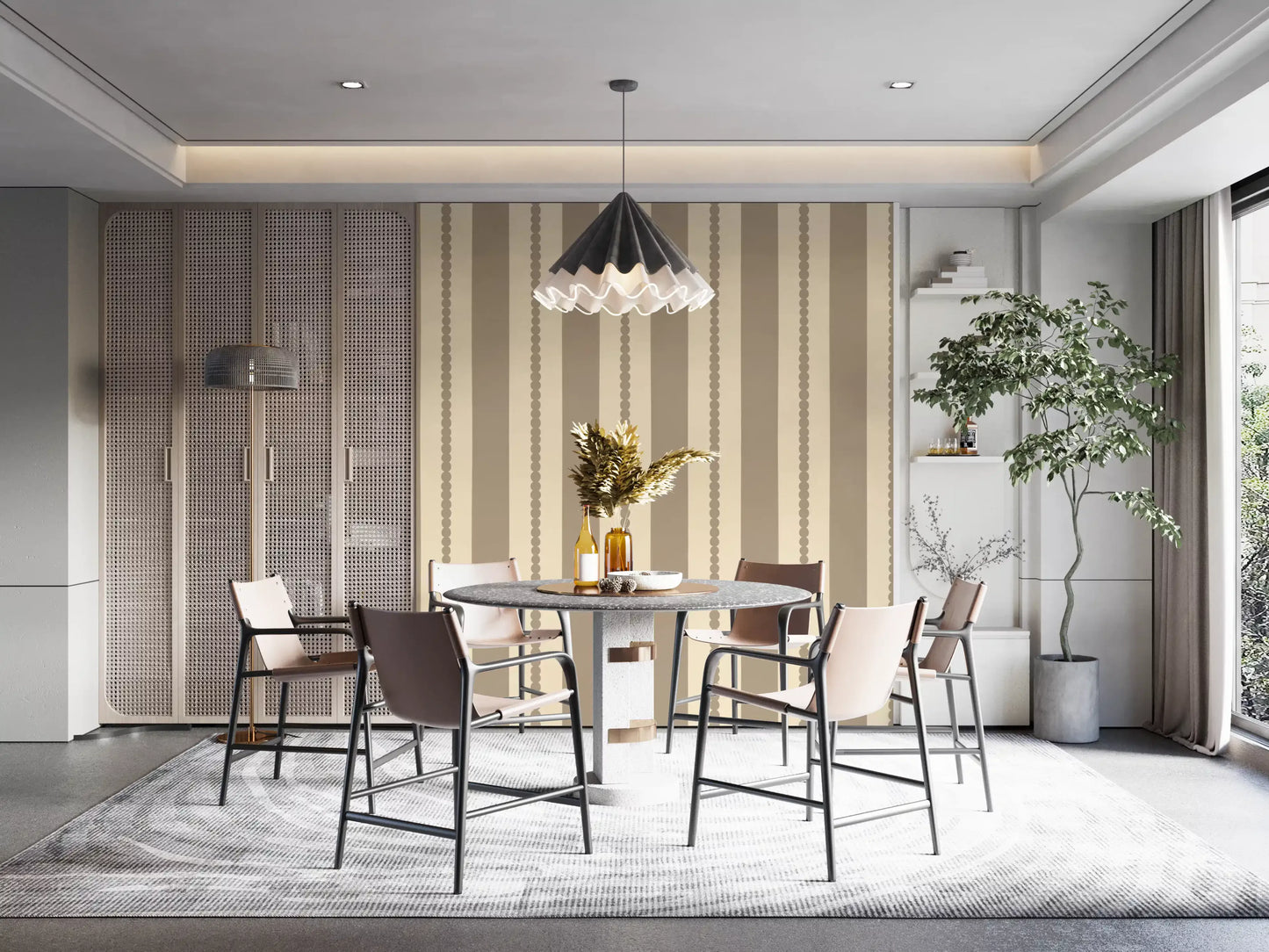 Repeating patterns on the Subtle Scallop & Dot Stripes Wallpaper look uniform.