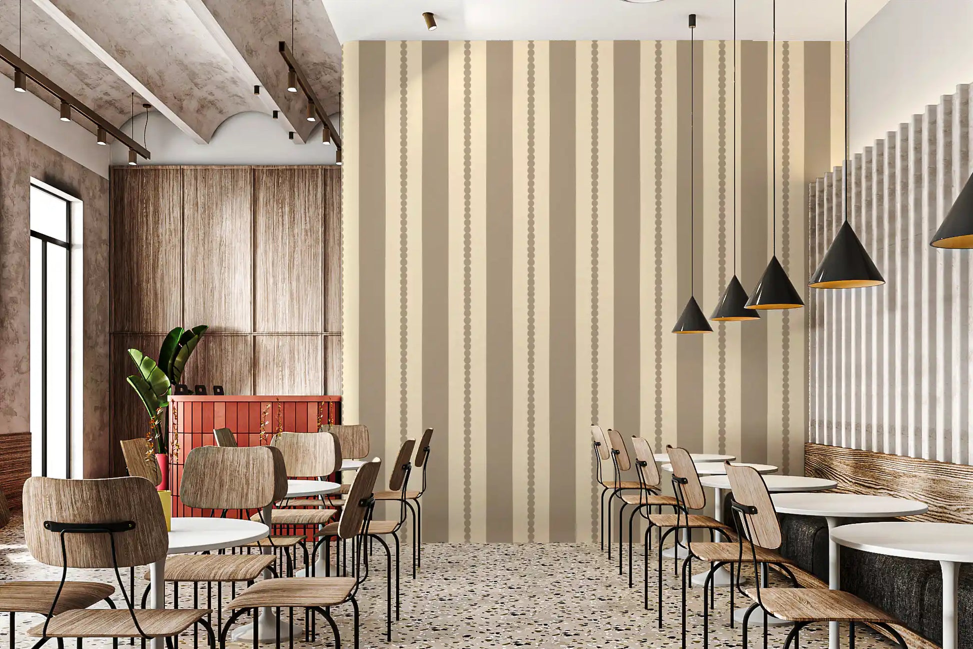 Subtle Scallop & Dot Stripes Wallpaper makes a cozy Café and restaurant backdrop.