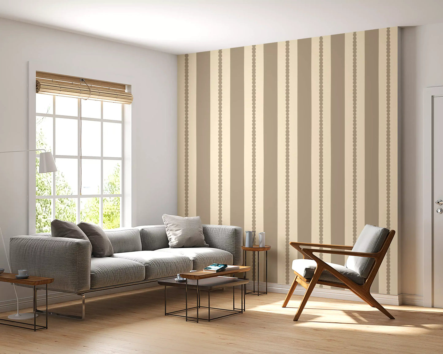 Light beige wallpaper lines the walls of this minimalist lounge.