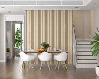 The Subtle Scallop & Dot Stripes Wallpaper displays precise beige vertical lines.