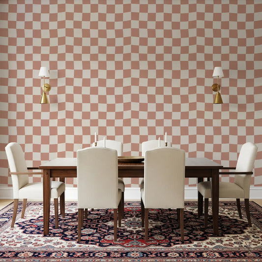 Peach Cream Checker Waves wallpaper in a dining room.