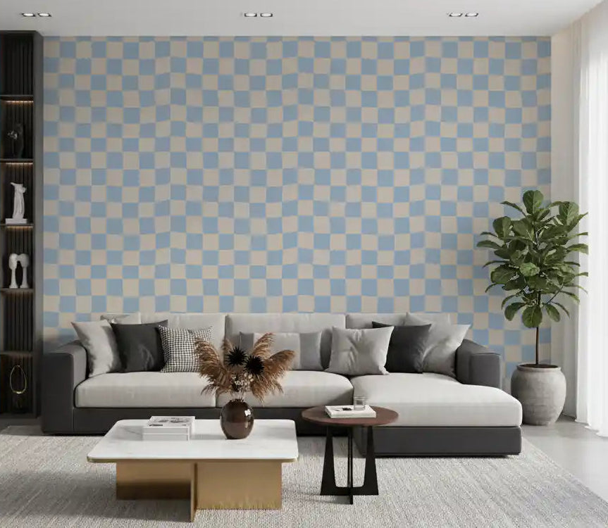Living room featuring an Azure and Beige Check Wave wallpaper.
