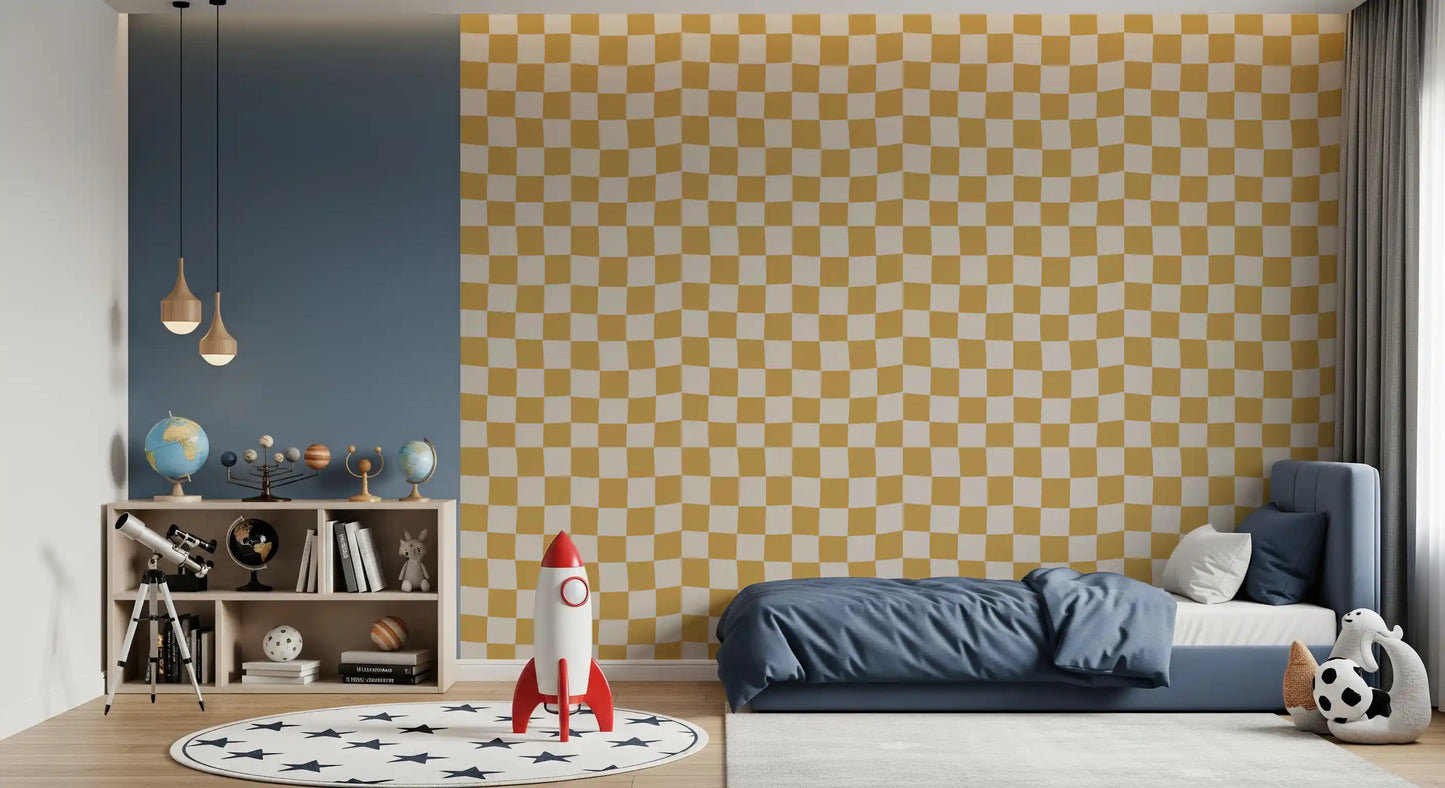 The Ripple wallpaper provides a playful geometric backdrop for a quiet Kids room.