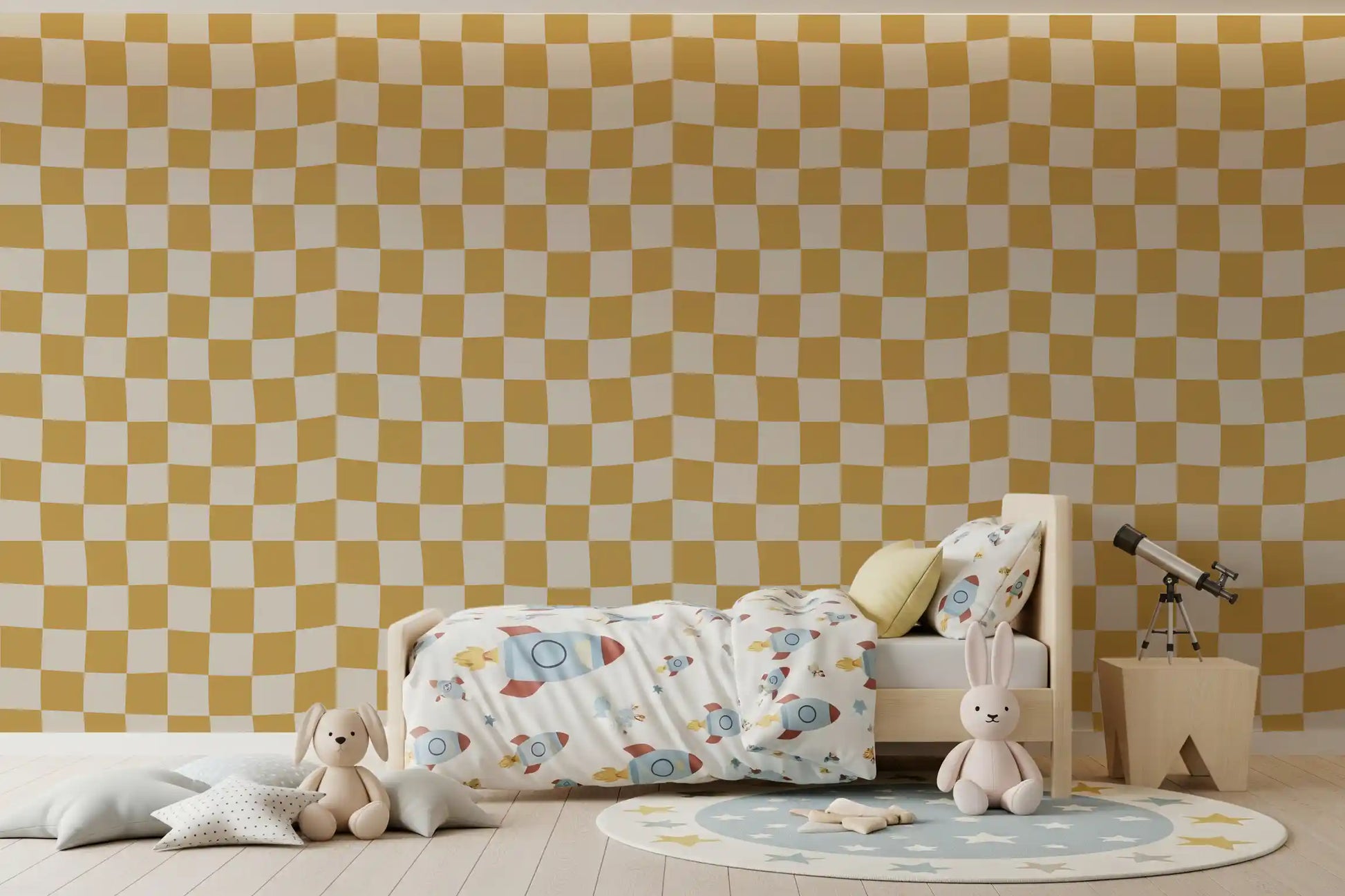 Repeating squares of this Golden wallpaper provide a distinct visual rhythm.