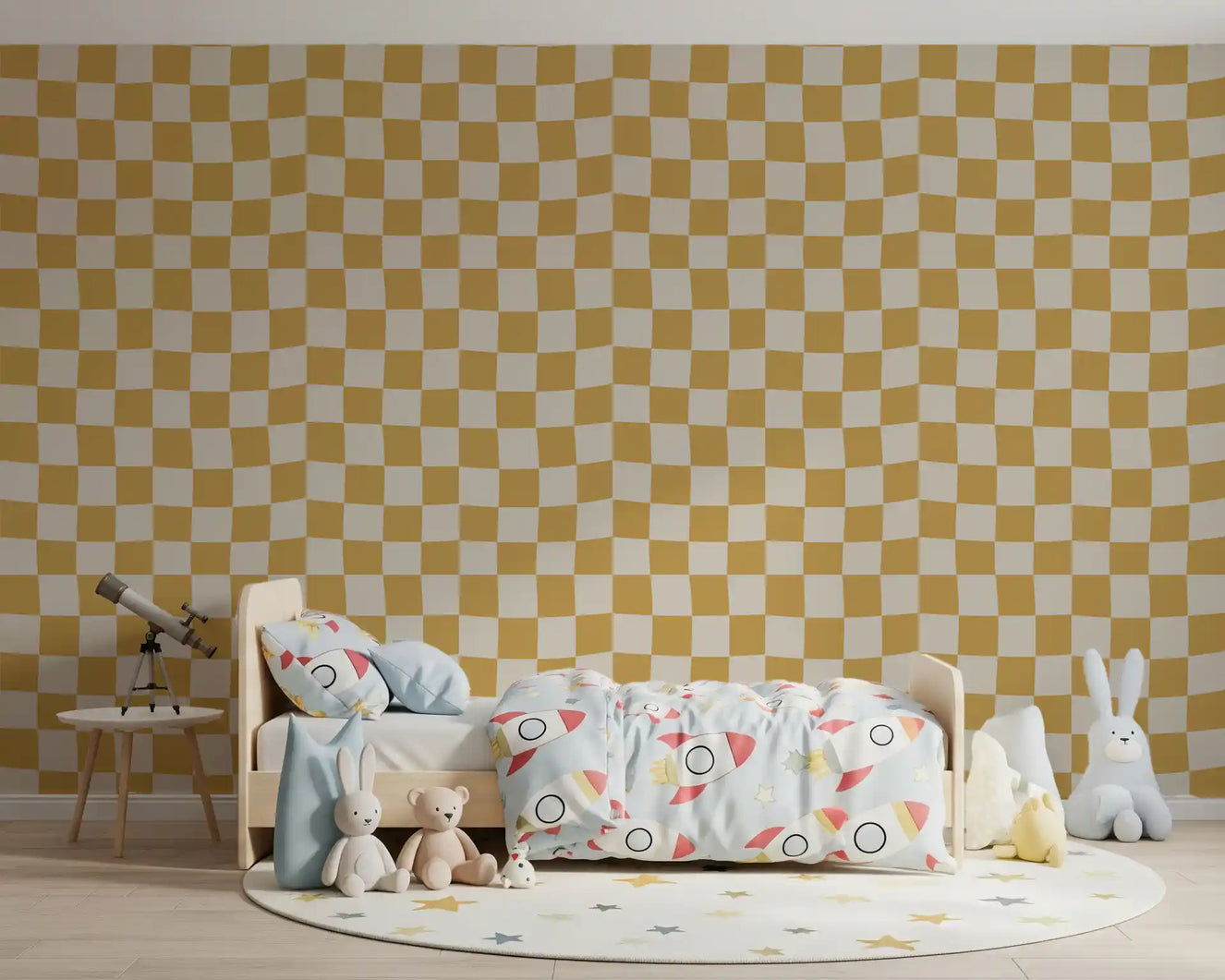 Golden Ripple Checks Wallpaper creates an inviting aesthetic for a nursery setting.