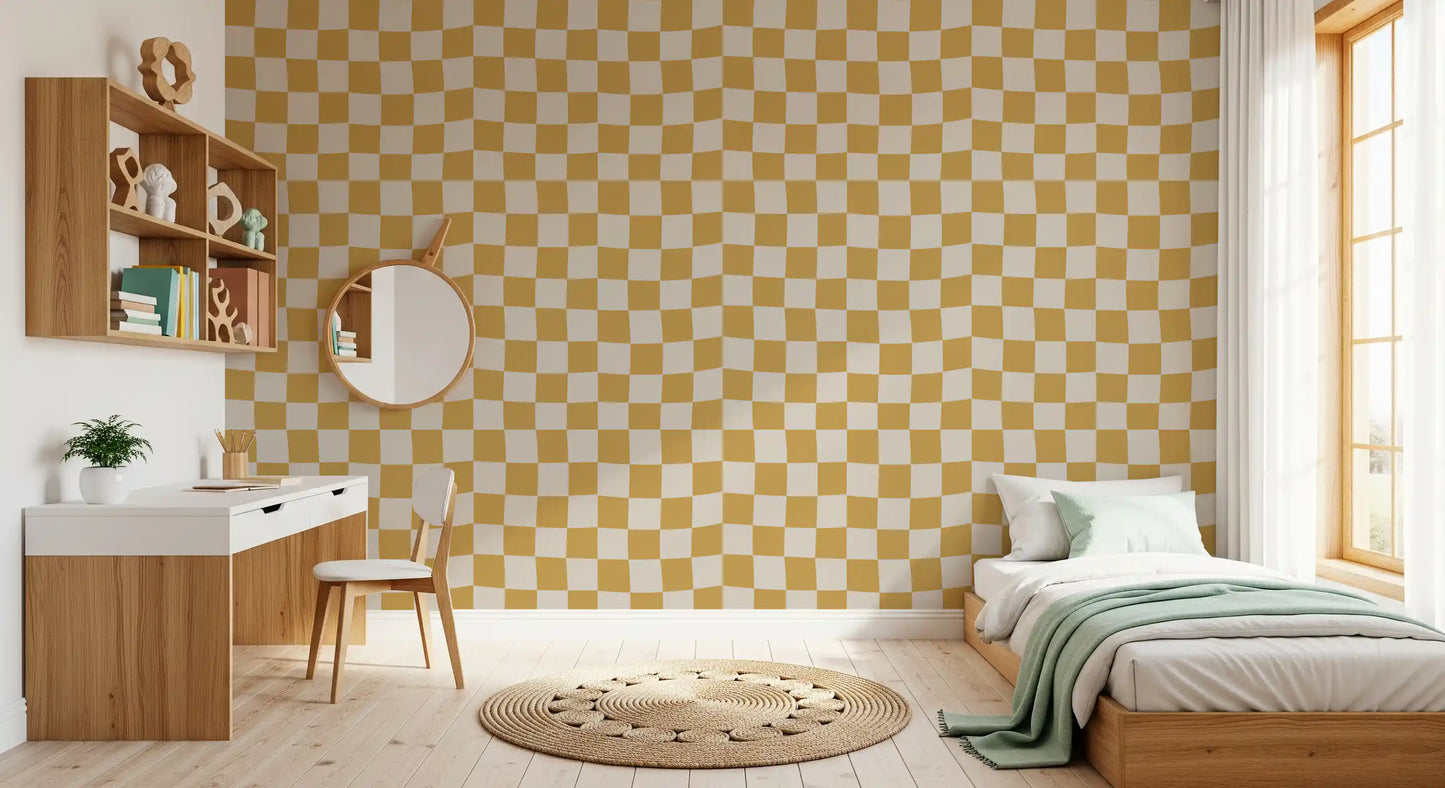 The Golden Ripple Checks Wallpaper showcases a wavy geometric square motif.