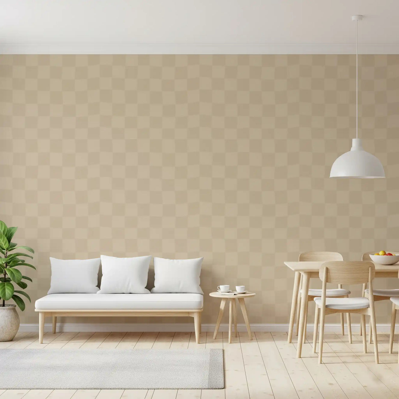 Cafe latte and beige wavy checker wallpaper warms the rear stretch of this Dining room.