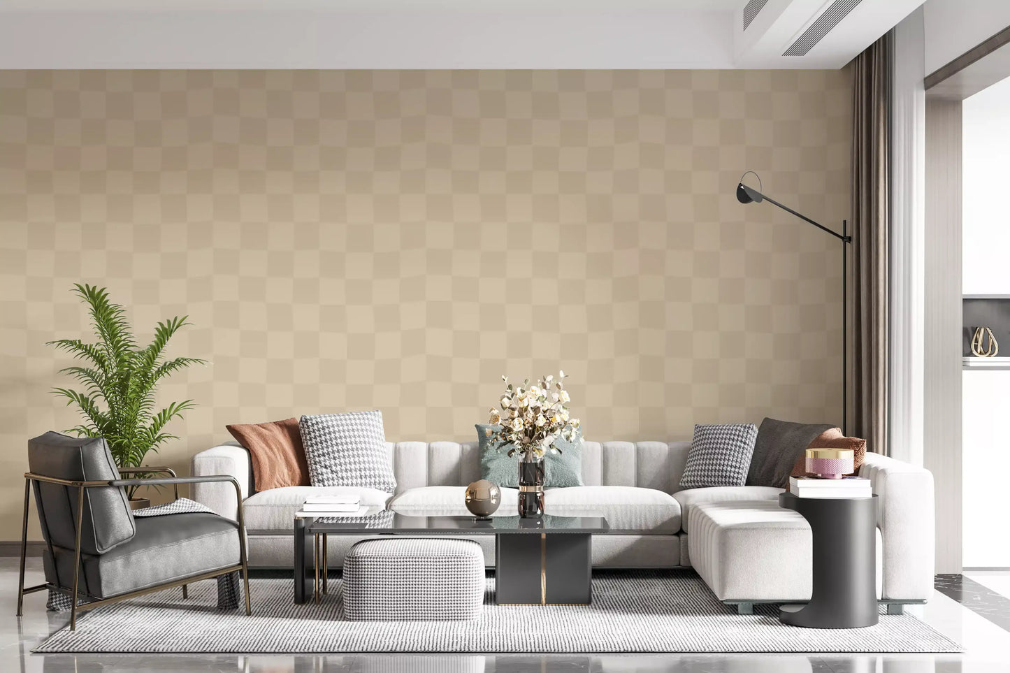 Cafe Latte Golvend Beige Geruit Behang⁠