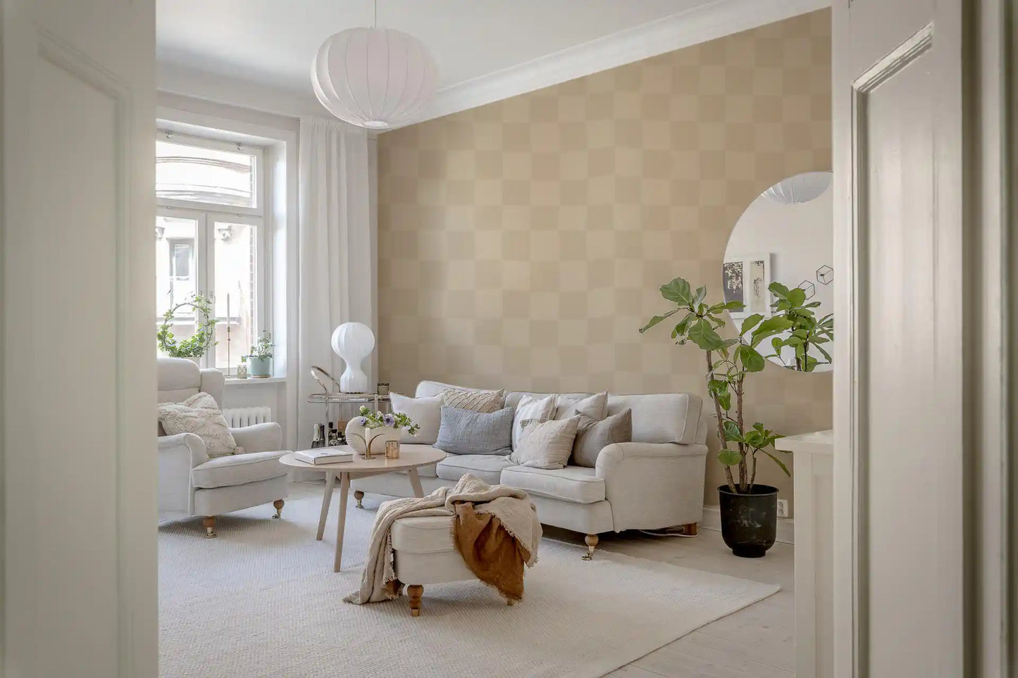 Cafe Latte Golvend Beige Geruit Behang⁠