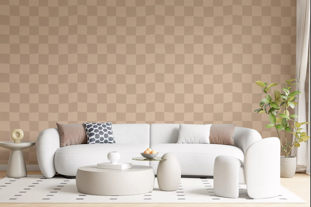 Beige and cream squares fill the living room as Muted Wavy Check wallpaper.