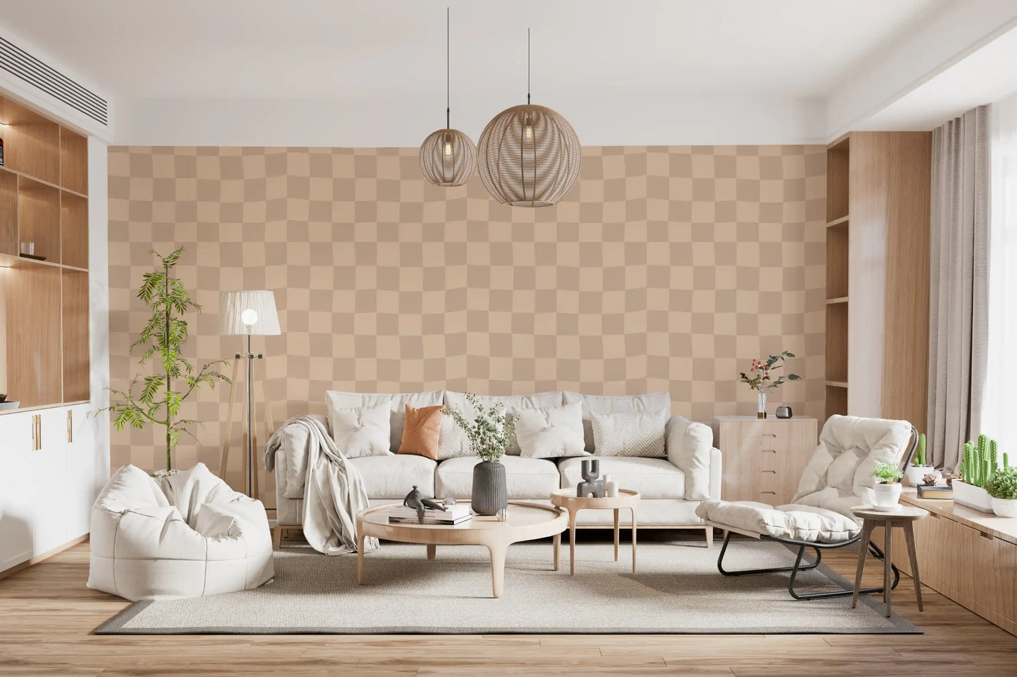 Papier peint à carreaux beige ondulé atténué | Motif moderne