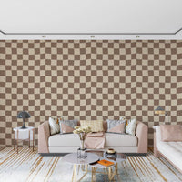 Geometric warp gives Wavy Beige Check wallpaper a relaxed, modern beige and brown finish.